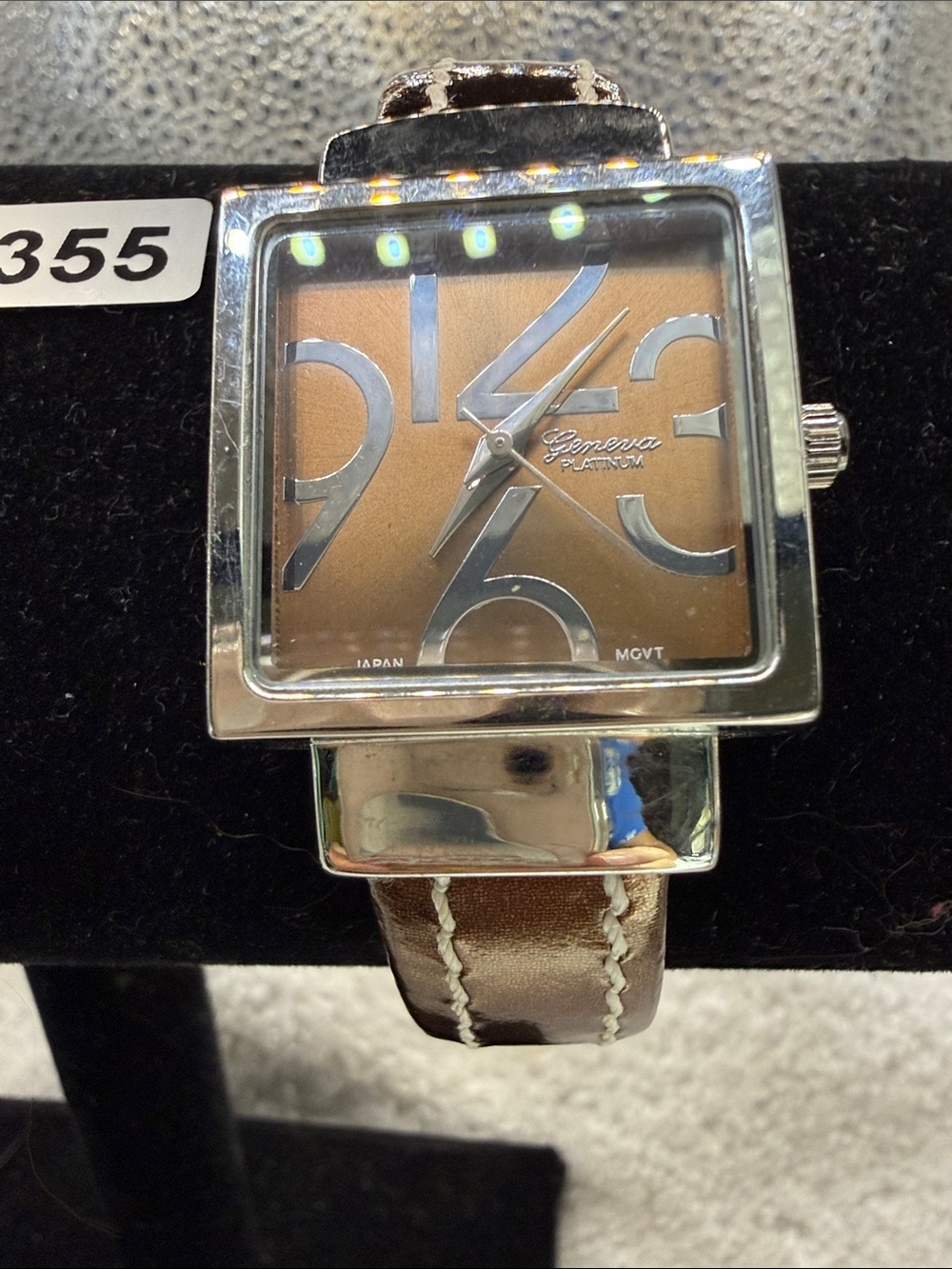 Geneva Platinum Brown Dial Brown Leather Strap Square Watch with Silver Accents